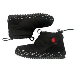 Women 8W Black Champion Rally Script Winter Snow Booties Cozy Lined Slippers Y2K